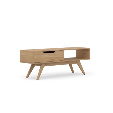 Szafka RTV z litego drewna 140 × 52 × 45 cm – szuflada i otwarta półka